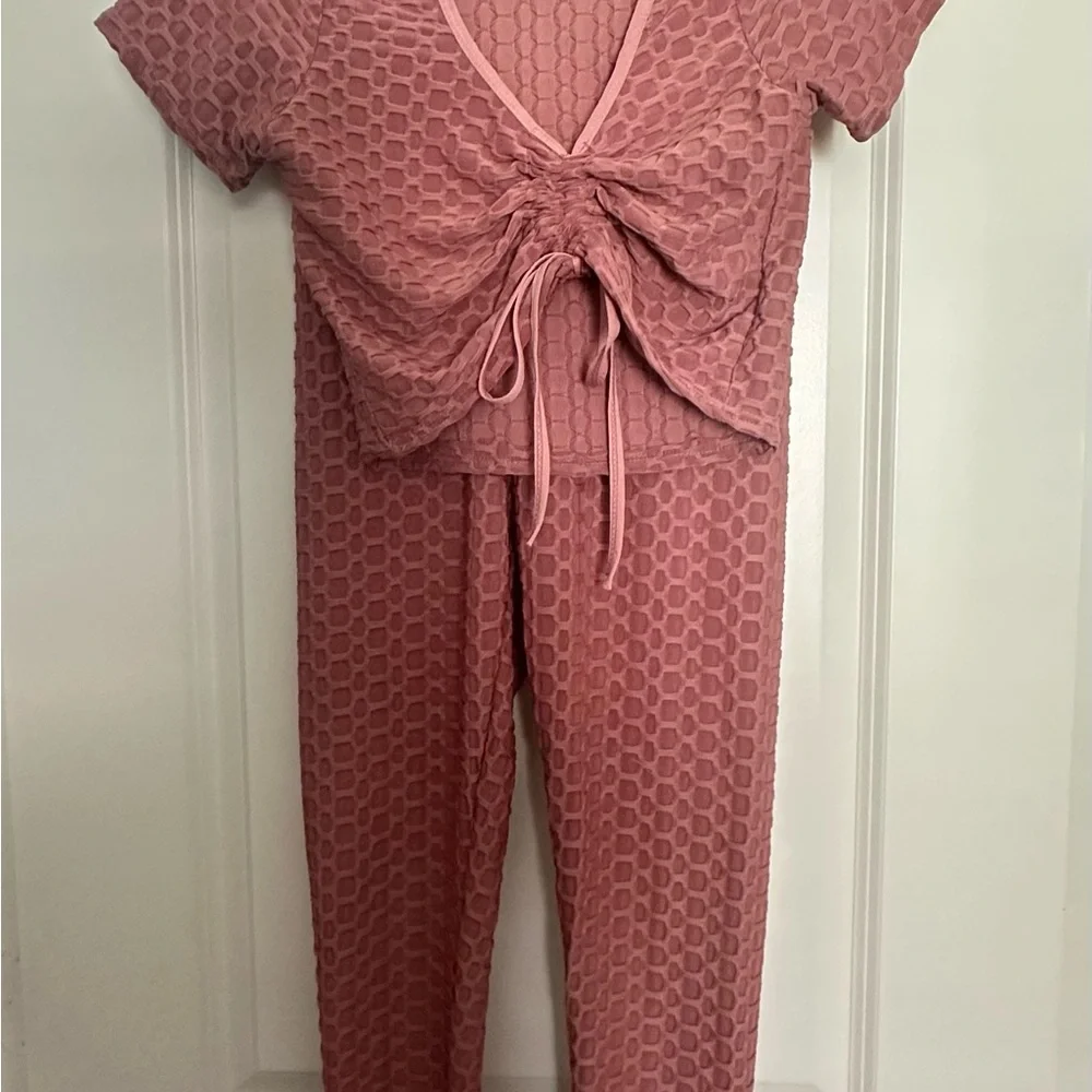 Two-Piece Textured Tie-Front Loungewear Set - Dusty Rose (M) - Picture 1 of 4